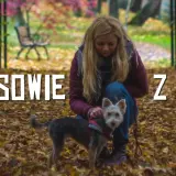 Jesień w Górach Sowich z małym, kudłatym psem. Kobieta kuca przy swoim pupilu na tle opadłych liści.