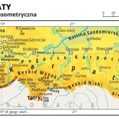 Mapa hipsometryczna Karpat z zaznaczonymi pasmami górskimi, miastami i rzekami.