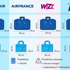 Porównanie wymiarów bagażu podręcznego: Ryanair, Air France, Wizz Air, LOT. Sprawdź, jaki bagaż zmieścisz w ramach **Ryanair cabin bag size**.