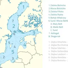 Mapa Bałtyku z zaznaczonymi obszarami i głębiami. Głębia Landsort, oznaczona numerem 5, osiąga 459 m.