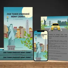 Przewodnik "Jak tanio zwiedzić Nowy Jork?" z ikonami Statuy Wolności i taksówki. Idealny do odkrywania atrakcji, muzeów i restauracji.