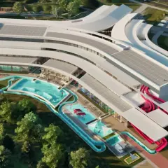 Nowoczesny aquapark Solina z basenami, zjeżdżalniami i strefą relaksu, otoczony zielenią.