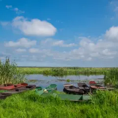 Łodzie czekają nad wodą w największym parku narodowym w Polsce.