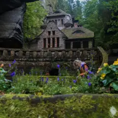 Kamienny domek w lesie, z kwitnącymi kwiatami i osobą w tle.