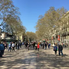 Tłum ludzi spaceruje po słynnej alei **La Rambla w Barcelonie**, otoczonej drzewami i budynkami.