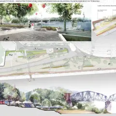 Projekt zagospodarowania bulwaru filadelfijskiego w Toruniu: wizualizacje, plany i przekroje ukazujące nowoczesną przestrzeń rekreacyjną nad rzeką.