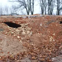 Ruiny ceglane z łukiem i mały domek w tle, otoczone drzewami.