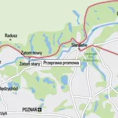 Mapa Puszczy Noteckiej z zaznaczoną trasą rowerową. Widoczne miejscowości: Radogoszcz, Sieraków, Chojno-Wieś, Międzychód, Gorzyń. Rzeka Warta.