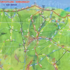 Mapa szlaków turystycznych Karkonoszy, region Karpacza. Pokazuje góry, szczyty, przełęcze i schroniska.