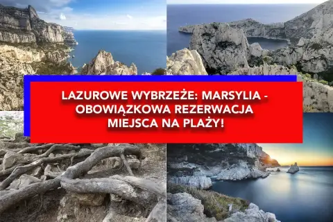 Widok na skaliste wybrzeże i morze w okolicach Marsylii. Napis informuje o konieczności rezerwacji miejsca na plaży.