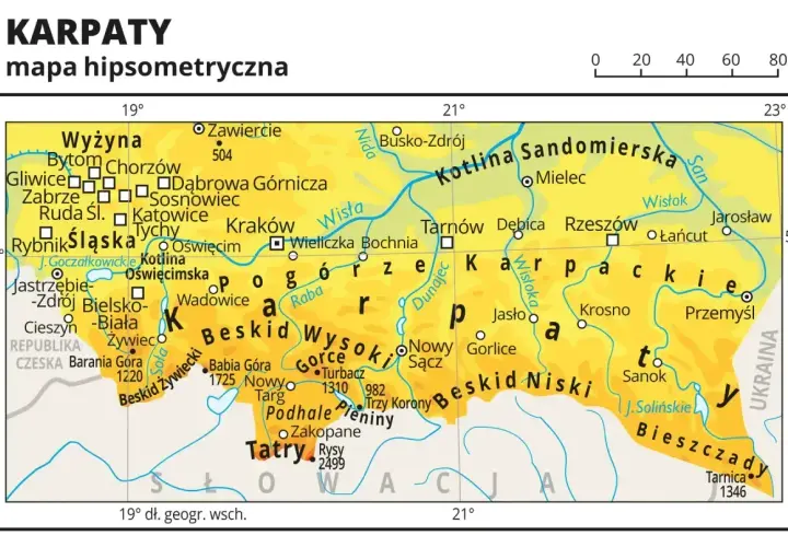 Mapa hipsometryczna Karpat z zaznaczonymi pasmami górskimi, miastami i rzekami.