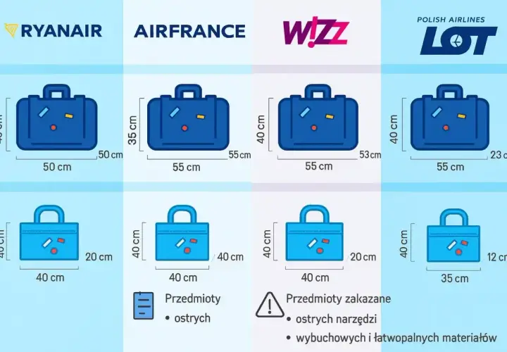 Porównanie wymiarów bagażu podręcznego: Ryanair, Air France, Wizz Air, LOT. Sprawdź, jaki bagaż zmieścisz w ramach **Ryanair cabin bag size**.