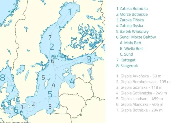 Mapa Bałtyku z zaznaczonymi obszarami i głębiami. Głębia Landsort, oznaczona numerem 5, osiąga 459 m.