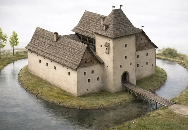 Kamienny zamek otoczony fosą, z drewnianym mostem. Chudów atrakcje historyczne zapraszają do odkrycia tajemnic przeszłości.