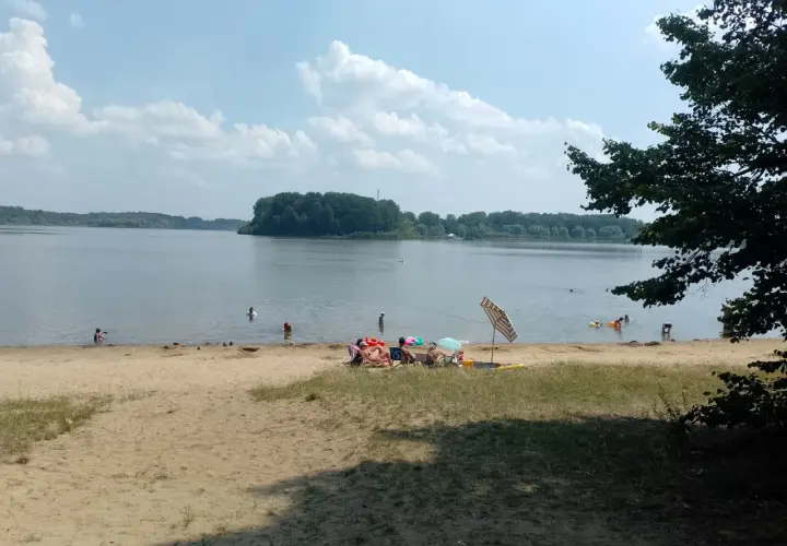 Na Jeziorze Przeczyckim można się kąpać. Ludzie odpoczywają na plaży i w wodzie, ciesząc się letnim dniem.