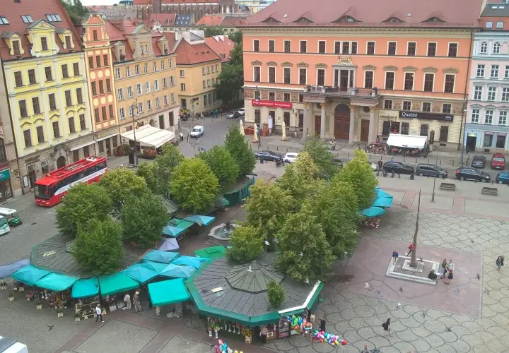 Kolorowe kamienice otaczają plac solny we Wrocławiu, gdzie zielone stragany oferują kwiaty i pamiątki.