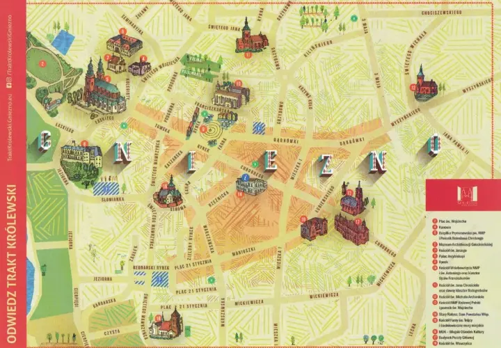 Mapa atrakcji Gniezna i okolic: Trakt Królewski z zaznaczonymi zabytkami, kościołami i muzeami.