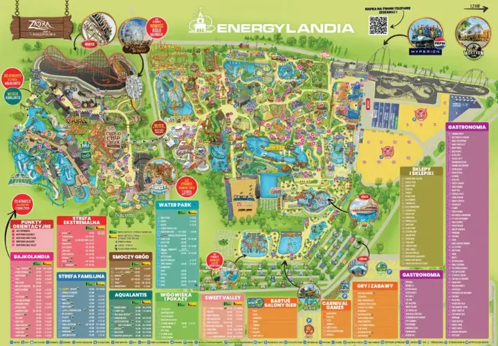 Mapa Energylandii, parku rozrywki w Zatorze, z podziałem na strefy: Ekstremalna, Bajkolandia, Familijna, Smoczy Gród, Aqualantis, Sweet Valley, Water Park i inne.