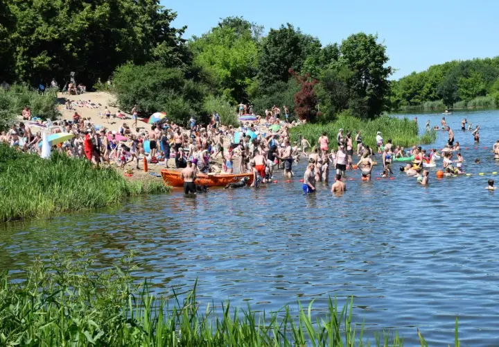 Tłum ludzi na plaży i w wodzie nad Jeziorkiem Czerniakowskim w słoneczny dzień.