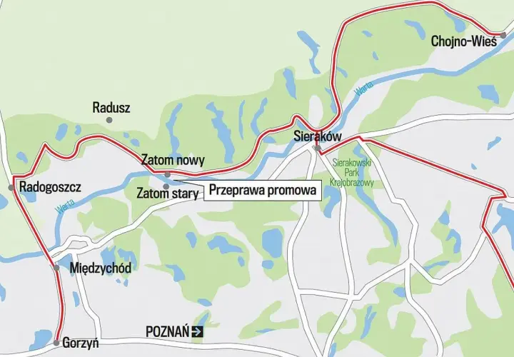 Mapa Puszczy Noteckiej z zaznaczoną trasą rowerową. Widoczne miejscowości: Radogoszcz, Sieraków, Chojno-Wieś, Międzychód, Gorzyń. Rzeka Warta.