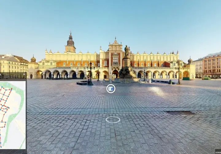 Kraków Mały Rynek o poranku. Sukiennice i Kościół Mariacki w słońcu. Na dole mapa z zaznaczoną trasą.
