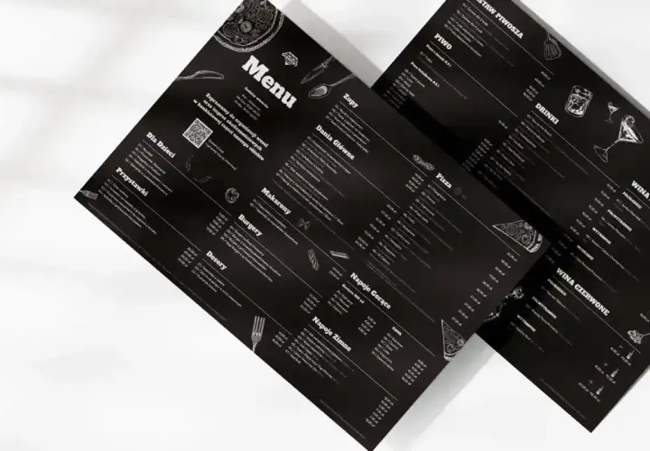 Menu w stylu a la carte, czarne tło, białe litery. Widoczne sekcje: Zupy, Dania Główne, Pizza, Makaron, Burgery, Desery, Napoje Gorące i Zimne, Piwo, Drink, Wina.