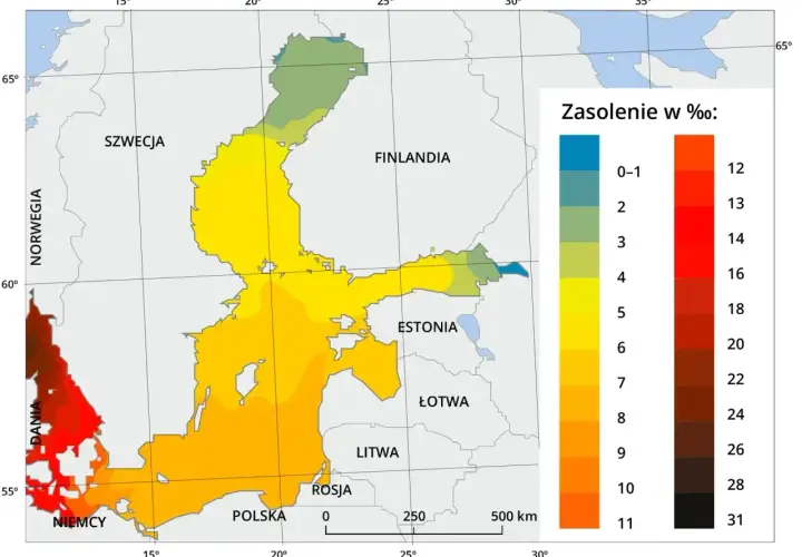 Mapa zasolenia Bałtyku, morza należącego do Oceanu Atlantyckiego. Kolory wskazują zasolenie od 0-1‰ do 31‰.