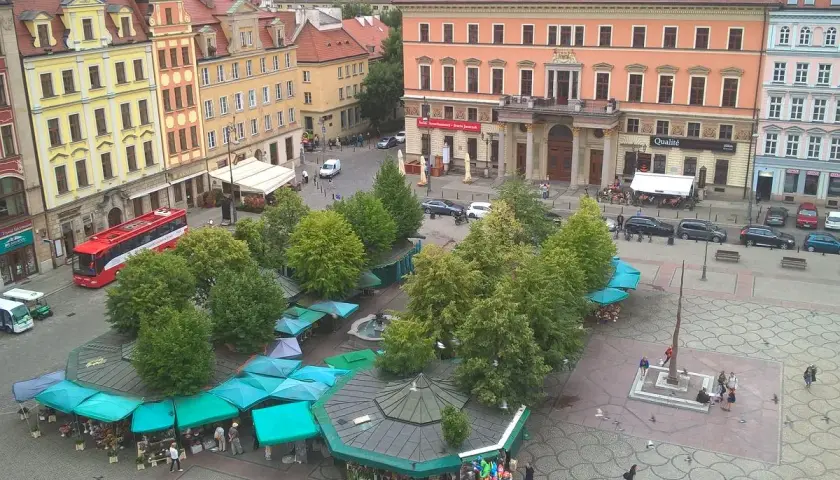 Kolorowe kamienice otaczają plac solny we Wrocławiu, gdzie zielone stragany oferują kwiaty i pamiątki.