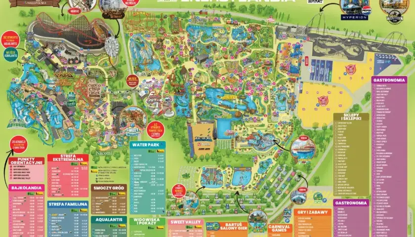 Mapa Energylandii, parku rozrywki w Zatorze, z podziałem na strefy: Ekstremalna, Bajkolandia, Familijna, Smoczy Gród, Aqualantis, Sweet Valley, Water Park i inne.