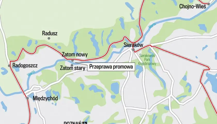 Mapa Puszczy Noteckiej z zaznaczoną trasą rowerową. Widoczne miejscowości: Radogoszcz, Sieraków, Chojno-Wieś, Międzychód, Gorzyń. Rzeka Warta.