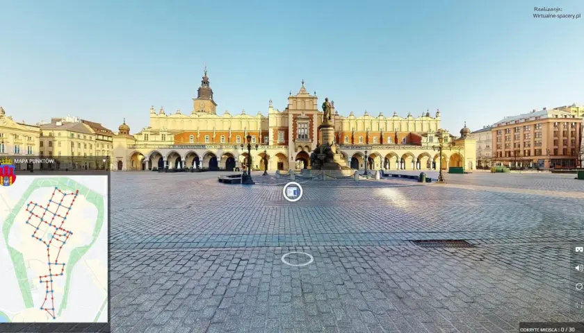 Kraków Mały Rynek o poranku. Sukiennice i Kościół Mariacki w słońcu. Na dole mapa z zaznaczoną trasą.