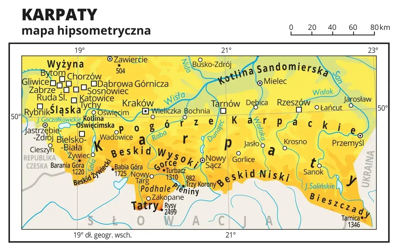 Mapa hipsometryczna Karpat z zaznaczonymi pasmami górskimi, miastami i rzekami.