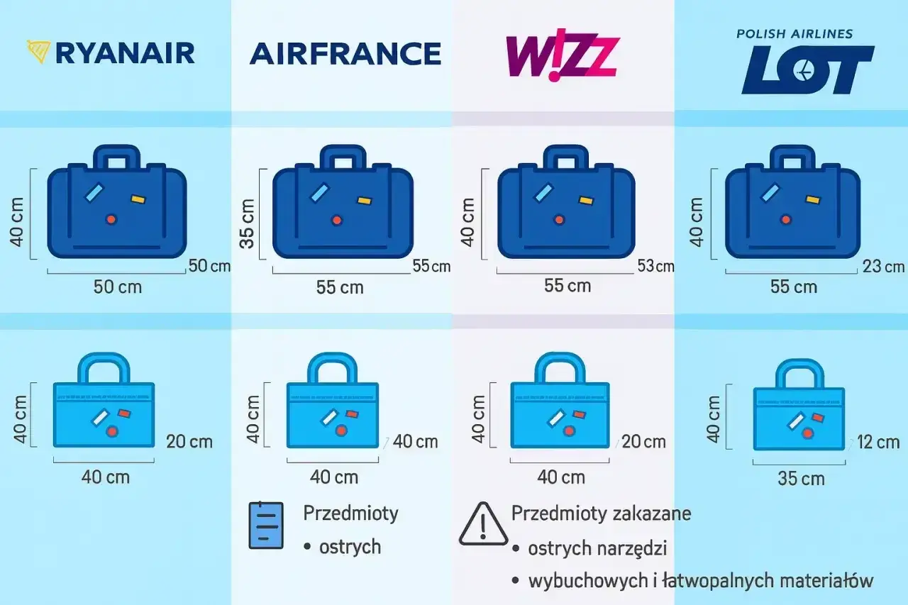 Porównanie wymiarów bagażu podręcznego: Ryanair, Air France, Wizz Air, LOT. Sprawdź, jaki bagaż zmieścisz w ramach **Ryanair cabin bag size**.