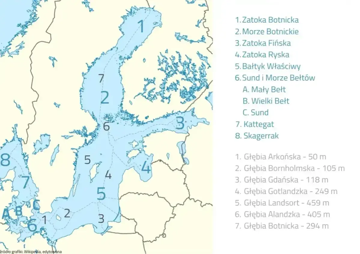 Mapa Bałtyku z zaznaczonymi obszarami i głębiami. Głębia Landsort, oznaczona numerem 5, osiąga 459 m.