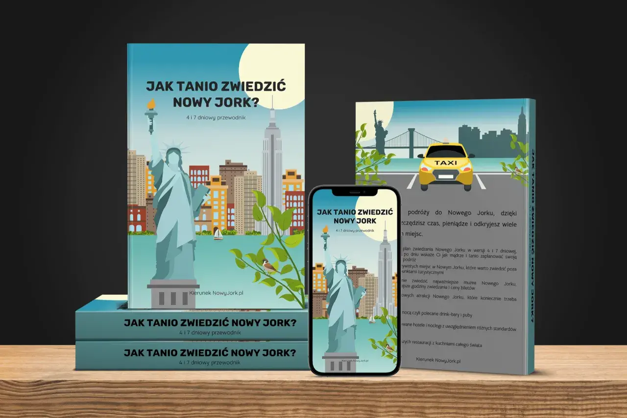 Przewodnik "Jak tanio zwiedzić Nowy Jork?" z ikonami Statuy Wolności i taksówki. Idealny do odkrywania atrakcji, muzeów i restauracji.