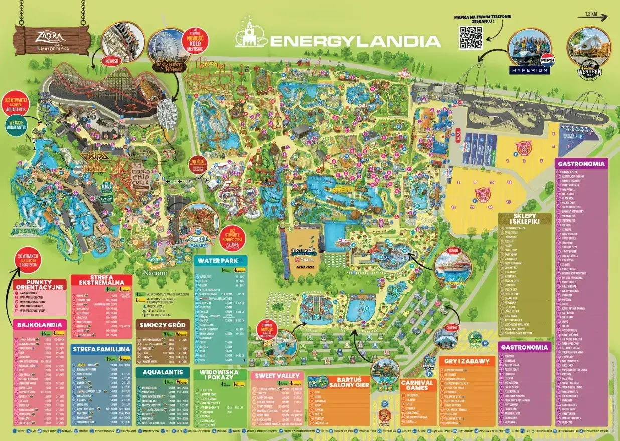Mapa Energylandii, parku rozrywki w Zatorze, z podziałem na strefy: Ekstremalna, Bajkolandia, Familijna, Smoczy Gród, Aqualantis, Sweet Valley, Water Park i inne.