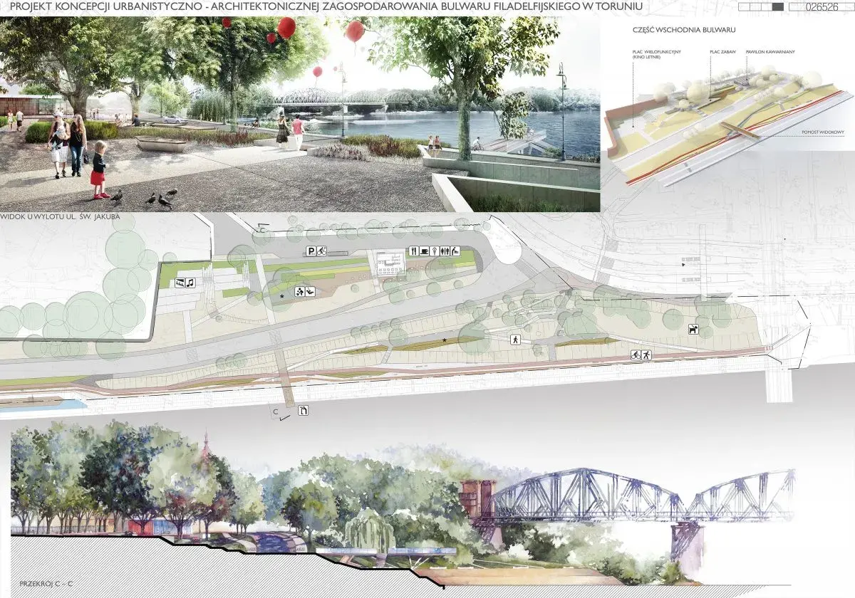 Projekt zagospodarowania bulwaru filadelfijskiego w Toruniu: wizualizacje, plany i przekroje ukazujące nowoczesną przestrzeń rekreacyjną nad rzeką.