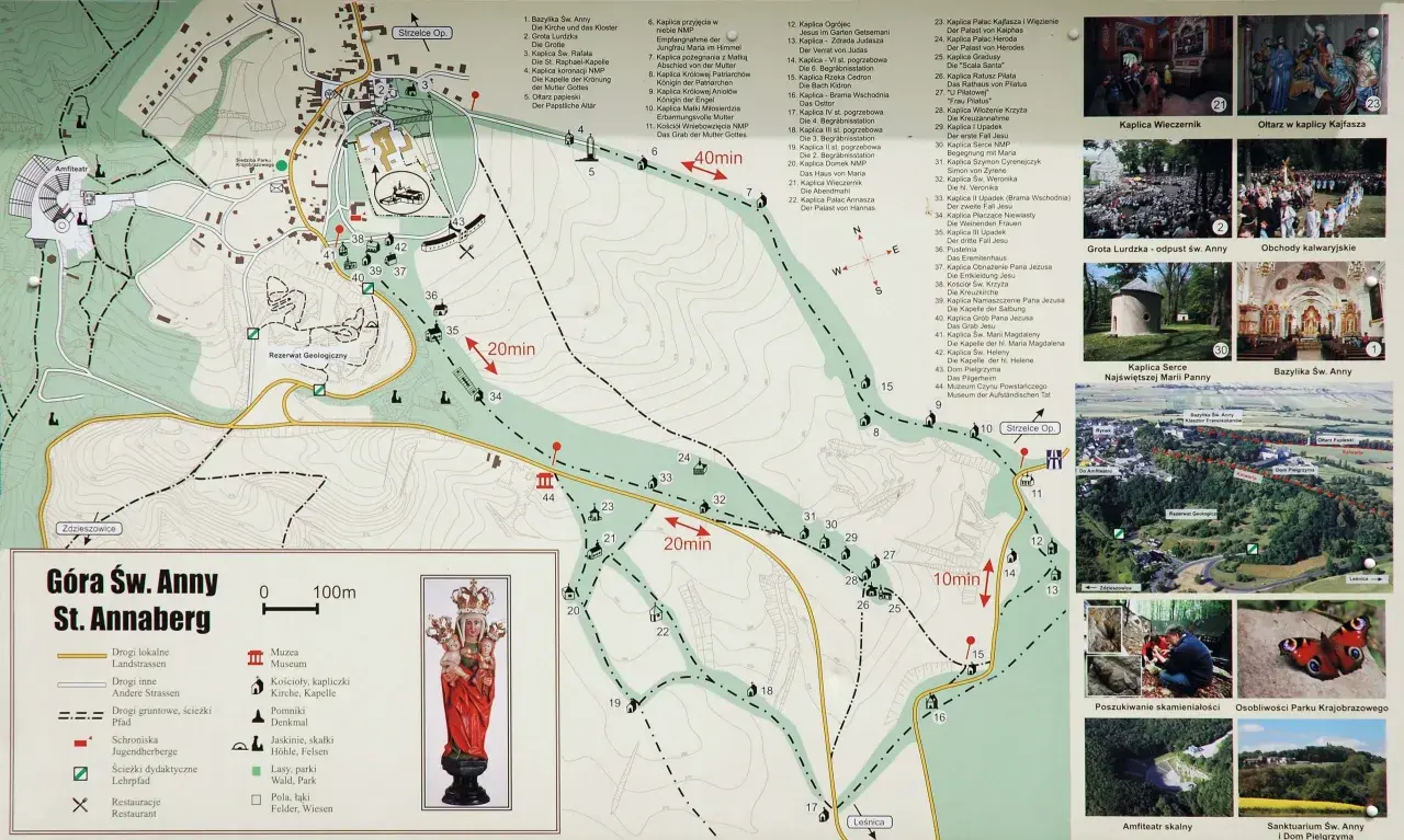 Mapa Góry Św. Anny z zaznaczonymi kapliczkami, kościołami i szlakami.