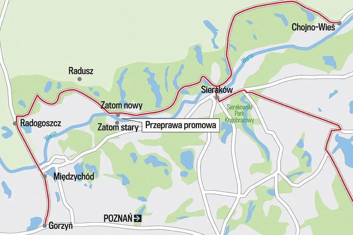 Mapa Puszczy Noteckiej z zaznaczoną trasą rowerową. Widoczne miejscowości: Radogoszcz, Sieraków, Chojno-Wieś, Międzychód, Gorzyń. Rzeka Warta.