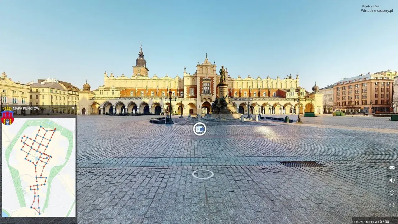 Kraków Mały Rynek o poranku. Sukiennice i Kościół Mariacki w słońcu. Na dole mapa z zaznaczoną trasą.