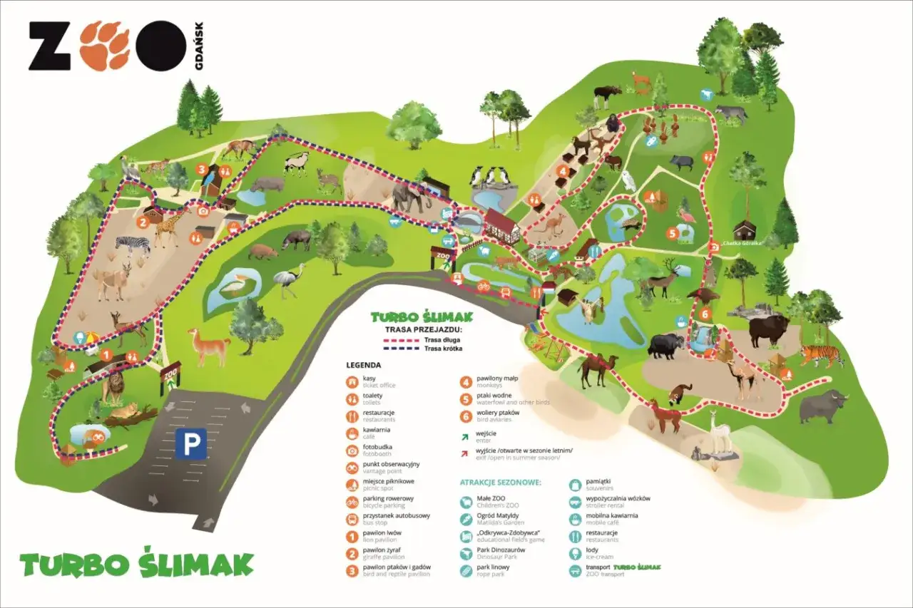 Mapa Gdańskiego Ogrodu Zoologicznego z zaznaczonymi trasami