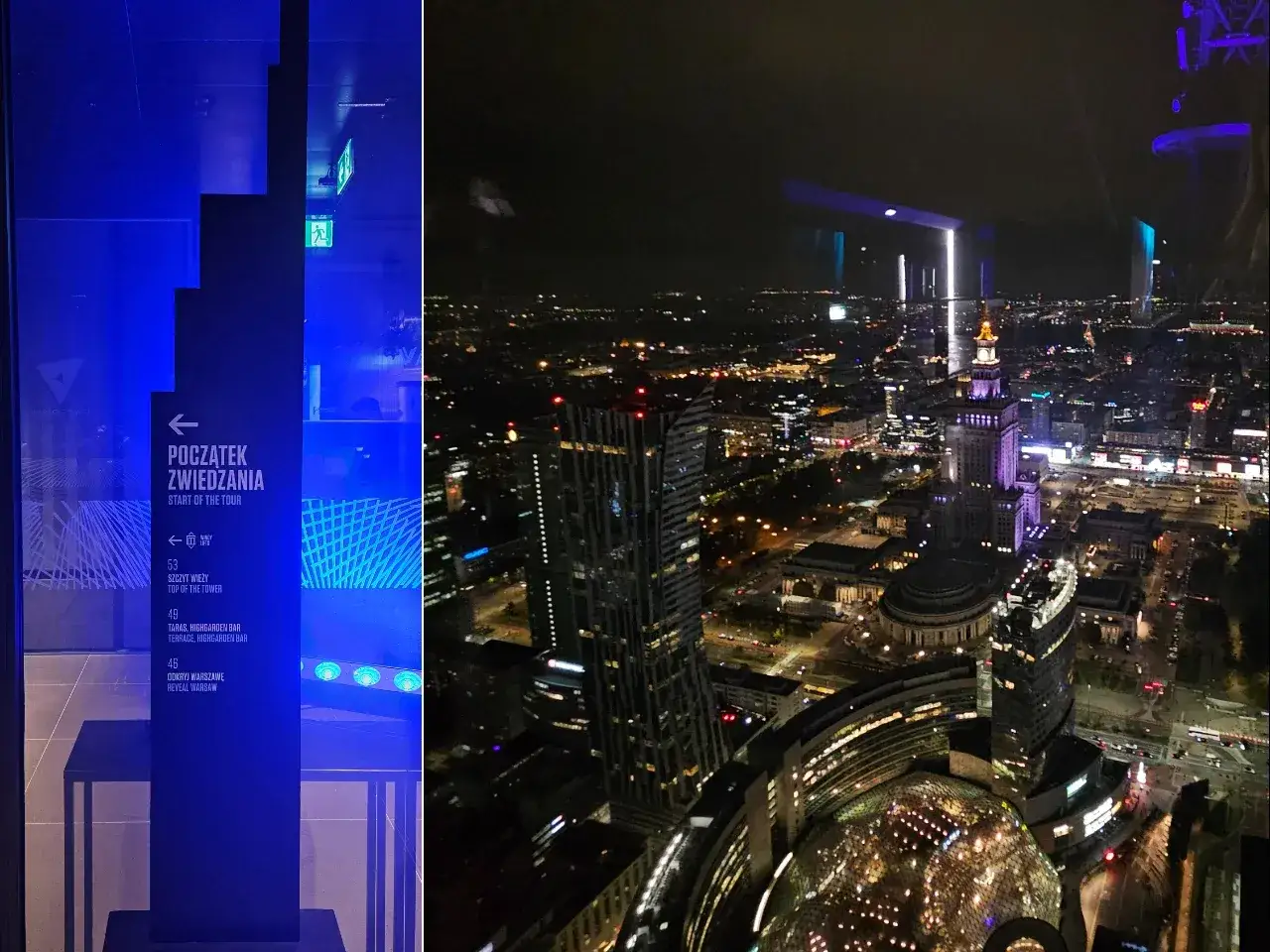 Nocna panorama Warszawy z widokiem na Pałac Kultury i Nauki oraz inne warszawskie wieże. Po lewej stronie tablica informacyjna z napisem