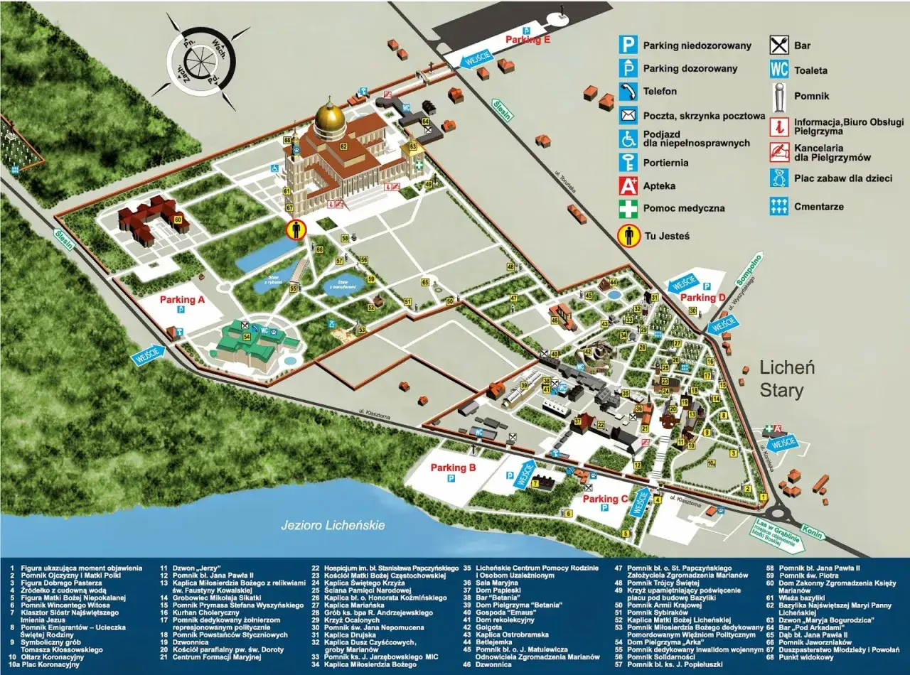 Plan Sanktuarium w Licheniu, największy kościół w Polsce (Bazylika) widoczny w centrum.