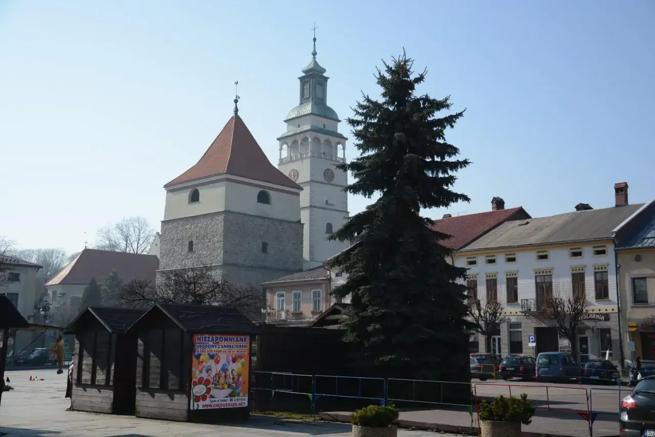 Rynek w Żywcu z wieżą ratuszową i kamienicami. Na pierwszym planie drzewo i budki handlowe.