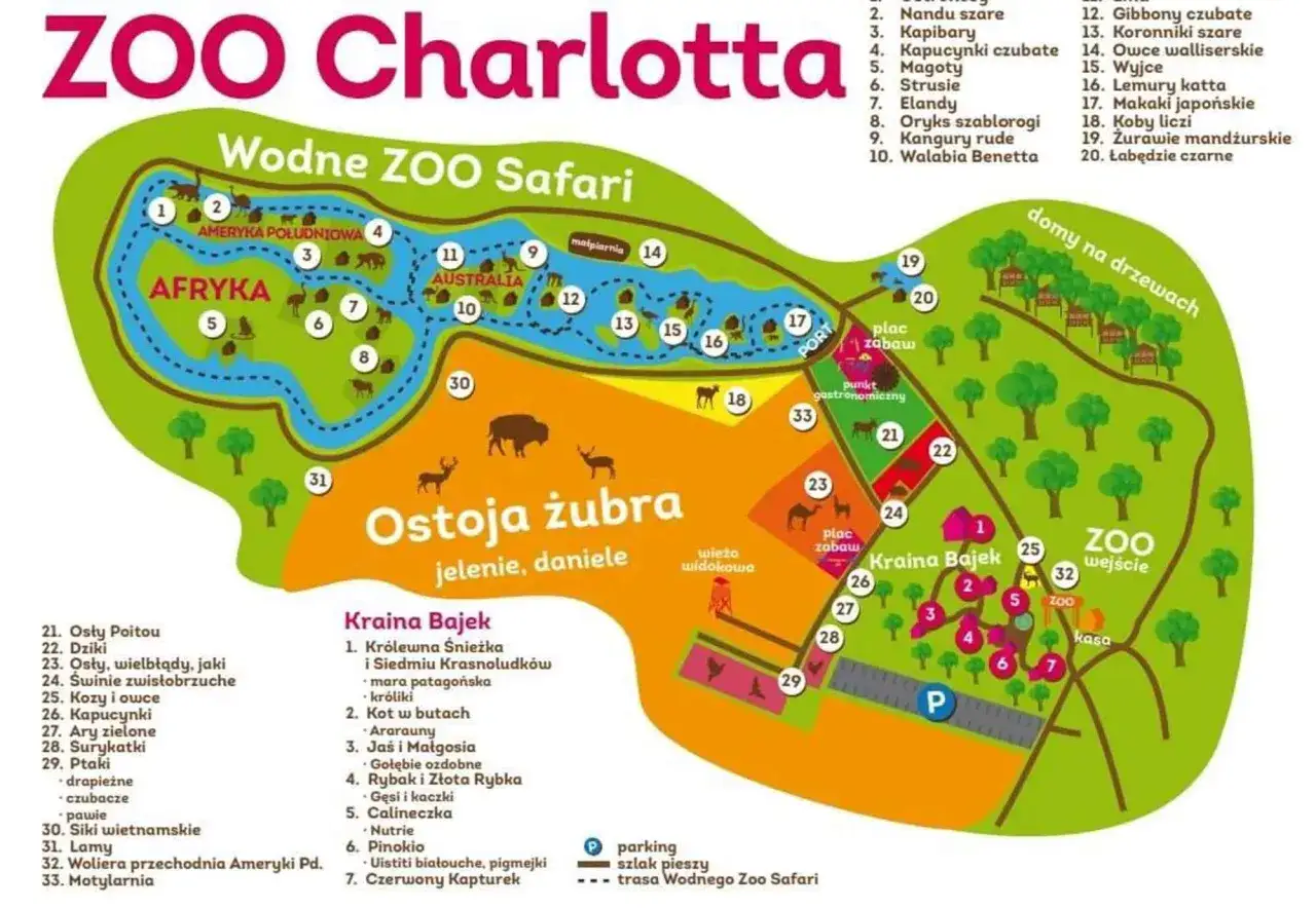 Mapa ZOO Charlotta: trasa Wodnego Zoo Safari, Ostoja Żubra, Kraina Bajek, Afryka, Australia, Ameryka Południowa. Idealne słupsk atrakcje na weekend!