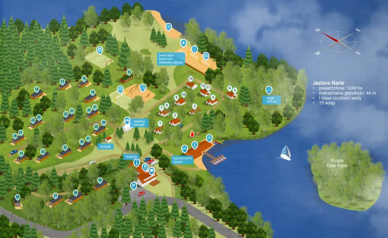 Mapa ośrodka wypoczynkowego nad Jeziorem Narie. Widoczne domki, plaża, boiska, recepcja i inne kretowiny atrakcje.